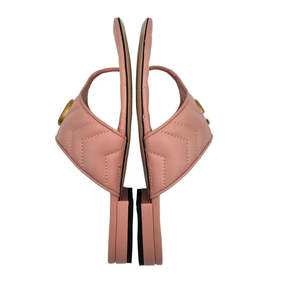Gucci GG Marmont Flat Thong Sandal Pink Quilted Leather Gold Square Size 37 US 7